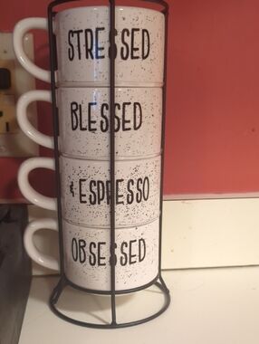Stackable Ceramic Espresso Mug Set - White with Black Lettering